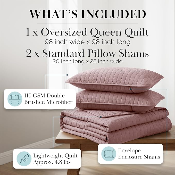 Southshore Fine Living, Inc. Full/Queen Quilt Set, Full Size Quilts with 2 Matching Pillow Shams, Lightweight Quilt Coverlet, Lightweight, Easy Care Machine Washable Queen Size Bedspread, Lavender