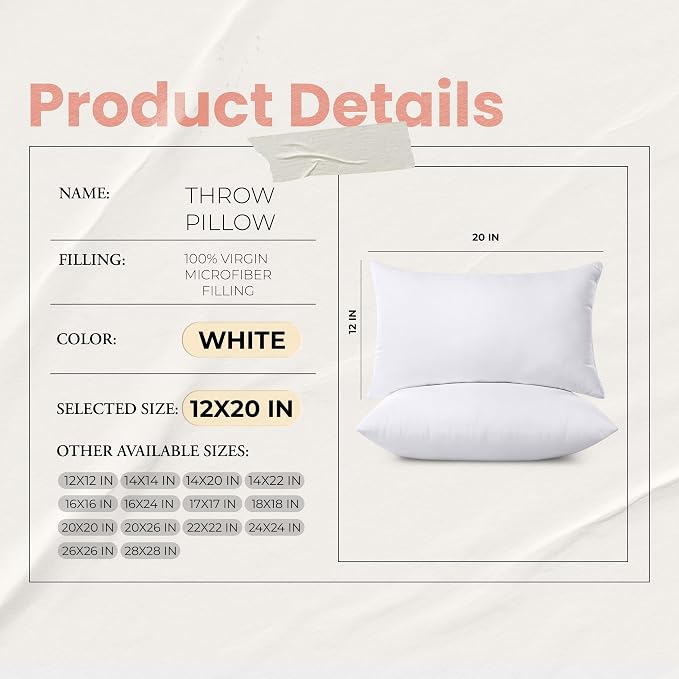 Utopia Bedding 12x20 Pillow Inserts, Set of 2, White – Indoor Decorative Throw Pillows for Bed, Sofa & Couch – Soft, Supportive & Fluffy Cushion Inserts (Pack of 3)