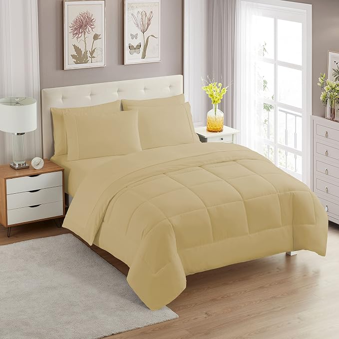Sweet Home Collection 7 Piece Comforter Set Bag Solid Color All Season Soft Down Alternative Blanket & Luxurious Microfiber Bed Sheets, Camel, Twin XL