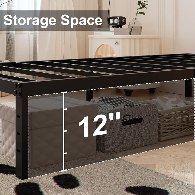 Maenizi 14 Inch XL Twin Bed Frame with White Fabric Cover, Heavy Duty Metal Twin XL Platform Bed Frame, No Box Spring Needed, Support Up to 2500 lbs, Easy Assembly, Noise Free, Black