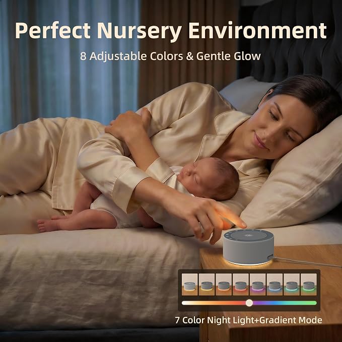 Kipcush White Noise Machine for Baby & Adults, 30 Soothing Sounds, Soft Non-Glare Nursery Lamp, 8 Color Night Lights, Memory Function (Angel V4 Grey, Standard)