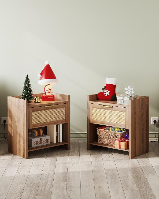 WLIVE Rattan Nightstands Set of 2, Night Stand Sets with Charging Station, Boho Bed Side Table with Storage Drawer and Open Shelf, End Tables Bedroom, Natural Oak