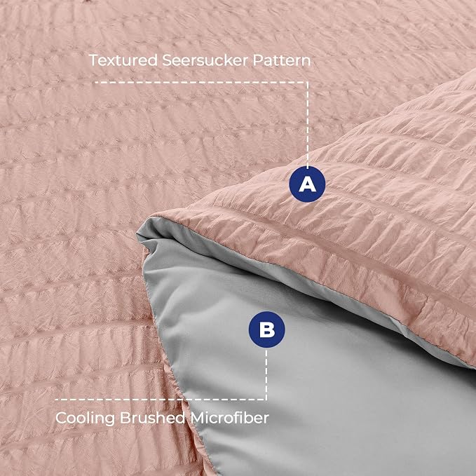 HYMOKEGE Rose Gold/Light Grey Duvet Cover King Size, Ultra Soft 3-Piece Seersucker Duvet Cover Set with Zipper Closure, Soft Brushed Microfiber Bedding Set with 8 Corner Ties (104"x90", 2 Pillowshams)