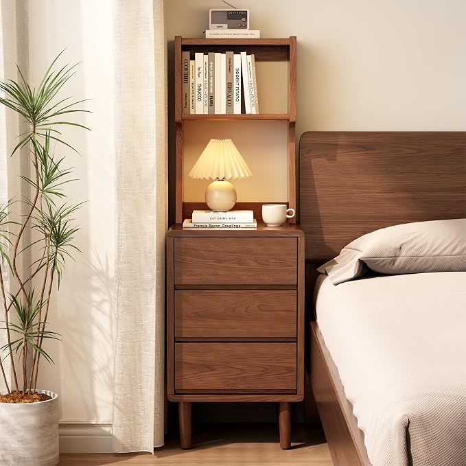 Solid Wood Bookshelf Nightstand Combo, Tall Nightstand with Bookshelf | Walnut Nightstand Bookshelf,Narrow Nightstand with Drawers,Open Shelf Bookcase,for Bedroom,Living Room,Offices