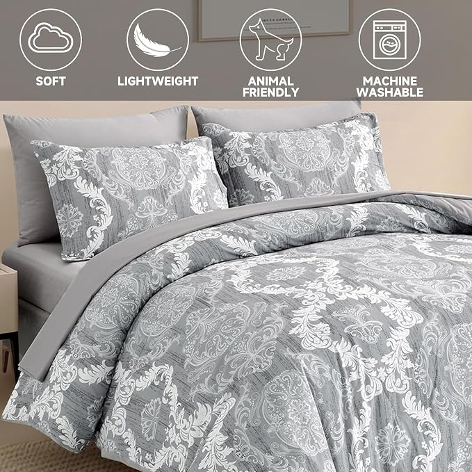 WONGS BEDDING Grey Comforter Set Queen Size, Damask Texture 7 Pieces Gray Bed in a Bag Microfiber Boho Comforter Bedding Sheet Set with Comforter, Flat Sheet, Fitted Sheet,Pillow Shams,Pillowcases