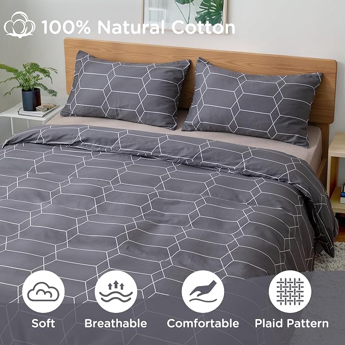 TOCOMOA Plaid Duvet Cover Set 100% Natural Cotton, Grey & White, King | Soft, Comfy & Breathable. Printed Bedding Set with Hidden Zipper & 8 Corner Ties. 3PCs, Comforter Not Included