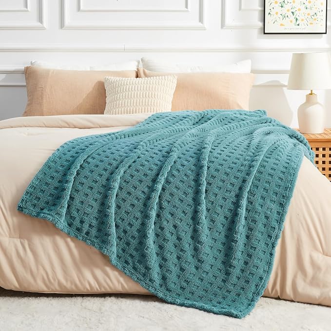 NEWCOSPLAY 3D Waffle Checkered Flannel Queen Blanket, Light Teal, 90"x90" | Super Soft Cute Lightweight Decorative Premium Silky Fleece Blanket for Couch Sofa Bed, Gift for Women Men, All Season Use