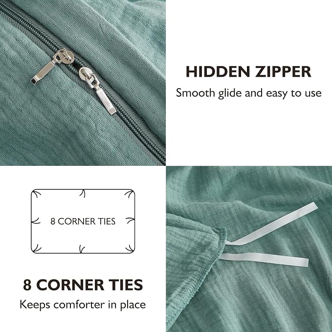 EMME Muslin Cotton Duvet Cover Set Teal King Size Linen Like Soft Breathable Lightweight Summer Comforter Cover Set with Zipper Closure (Teal, King, 104"x90")
