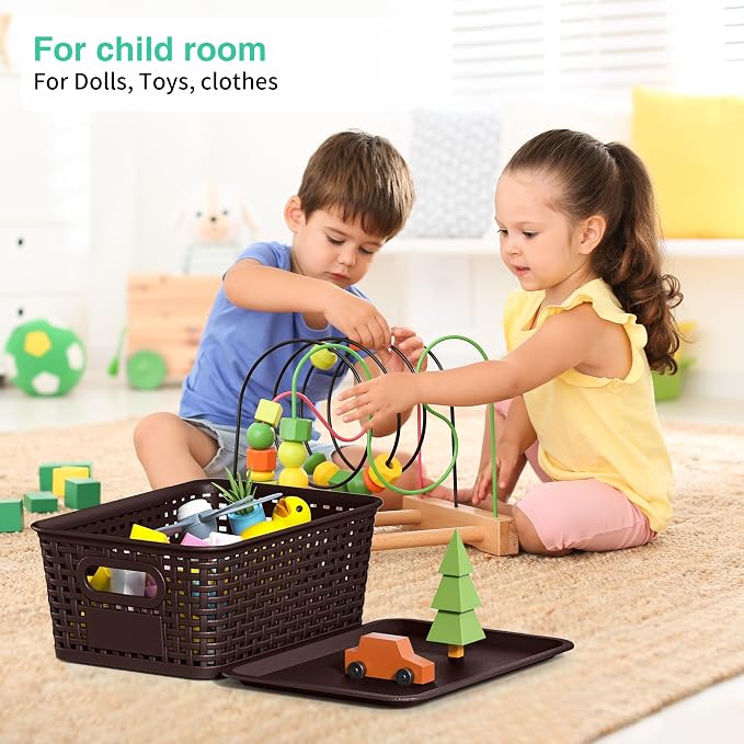 8 Pack Plastic Storage Baskets,Brown Stackable Bins with Lid | 5.3qt Storage Containers with Labels for Organizing Shelves Drawers Desktop Closet Playroom Classroom Office