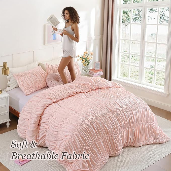 weigelia Blush Pink Ruched Comforter Set Queen Size, Cute Girls Bedding Set | All Season, Soft Microfiber Comforter, Cozy Cinched Design for Home & Bedroom Decor (1 Comforter,2 Pillowcases)