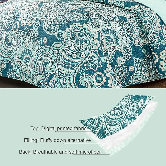 Whale Flotilla California King Size Quilt Set, Soft Boho Paisley Bedspreads | Reversible Lightweight Oversized Quilt Bedding Set for Bed, Turquoise Printed Coverlets with 2 Pillow Shams for All Seasons