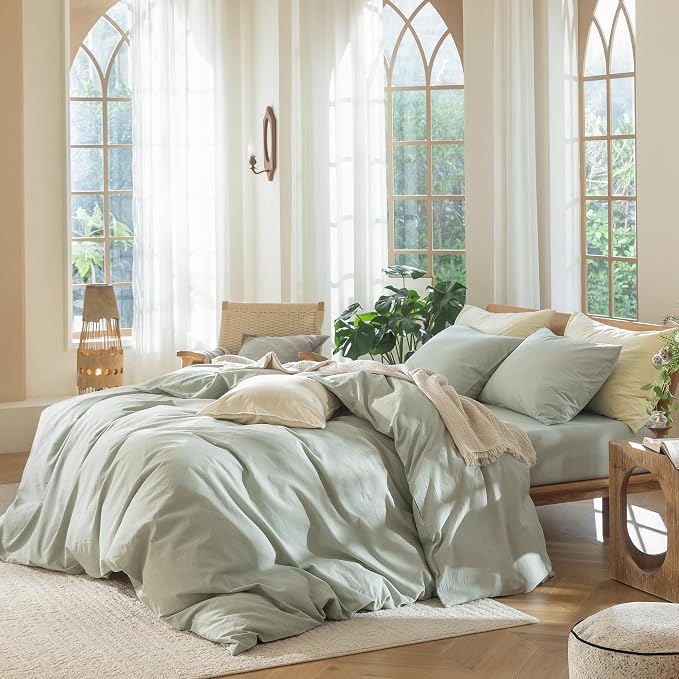 MooMee Duvet Cover Set 100% Washed Cotton Linen Like Oversized King Plus | Relaxed Linen-like Texture. Soft, Breathable & Long-lasting Comfort. Lightweight. Hidden Zipper with 8 Interior Corner Ties