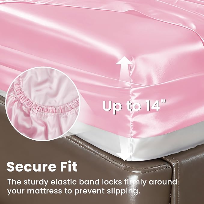 Love's cabin Satin Full Sheets Set - 6 Piece Pink Silky Bed Sheets Set with Deep Pocket, Luxury Silk Feel Satin Full Size Sheet Set (1 Flat Sheet, 1 Fitted Sheet, 4 Pillow Cases)