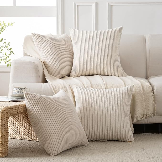 Volcanics Set of 4 Beige Cream Corduroy Couch Throw Pillow Covers 18x18 in | Decorative Modern Double-Sided Striped Cushion Cases, Soft Boho Square Accent Pillow Covers, Mix and Match for Home Decor