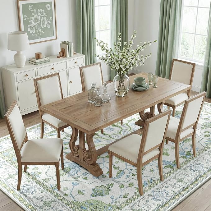 RELEANY Washable Area Rug, 8'x10', Green/White/Blue | Non-Slip, Water Repellent, Pet Friendly, Easy to Clean, Vintage Floral Boho Decor for Living Room Bedroom Dining Room
