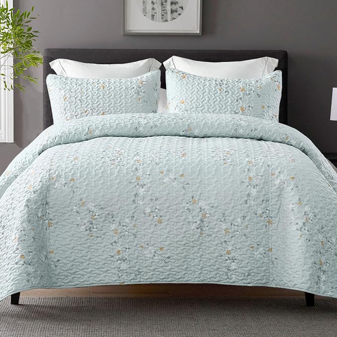 Exclusivo Mezcla Reversible Boho California King Quilt, Aqua | Lightweight Soft Bedspreads, All Season Flowers Coverlet Bedding Set, Printed Floral Pattern, 1 Quilt and 2 Pillow Shams