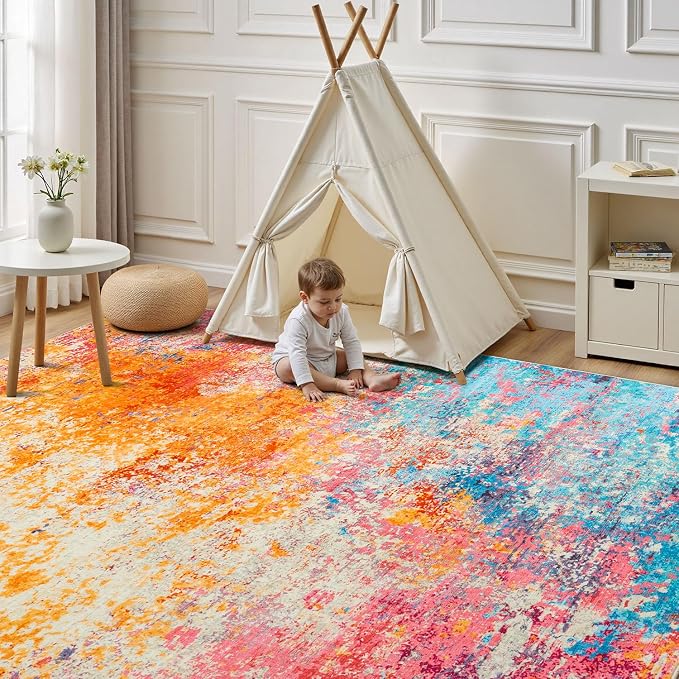 Rugflix 5x7 Area Rugs for Living Room, Washable Colorful Rainbow Large Rug | Machine Washable; Stain-Resistant; Low Pile; Non-Slip; Modern Abstract; Multi-colors Carpet for Nursery Girls Bedroom Home