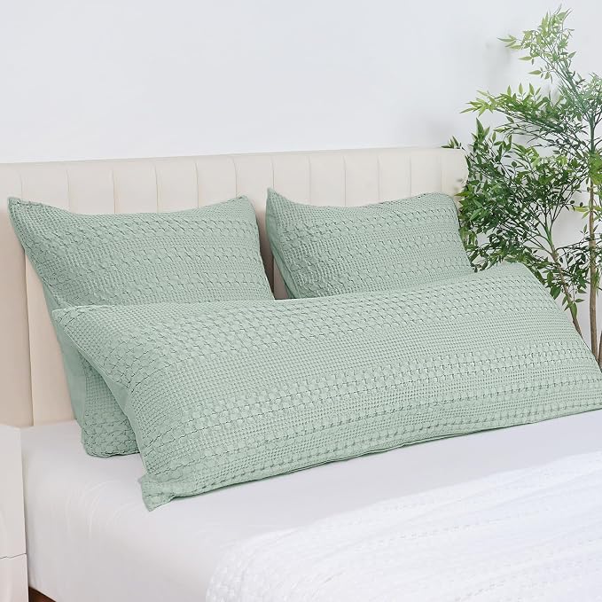 PHF 100% Cotton Waffle Body Pillowcase with Zipper, 1 Pack 20" x 54" Soft Skin-Friendly Pillow Sham, No Filling, Aesthetic Woven and Breathable Waffle Weave Body Pillow Cover for Bed, Mint Green