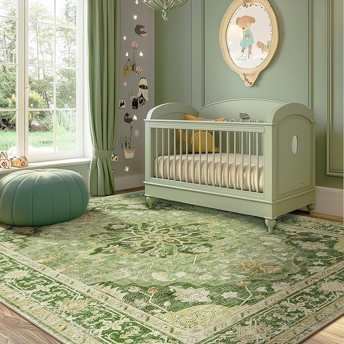 RELEANY Washable Area Rug, 6'x9', Green/Yellow | Non-Slip, Water Repellent, Pet Friendly, Easy to Clean, Vintage Floral Boho Decor for Living Room Bedroom Dining Room Office
