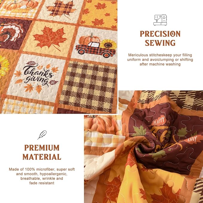Fall Patchwork Quilt Set King, Thanksgiving Pumpkin Maple Leaves Bedding | Orange Brown Autumn Bedspread Sunflower Pattern, Soft Microfiber Coverlet Thanksgiving Day Gift with 2 Pillowcases