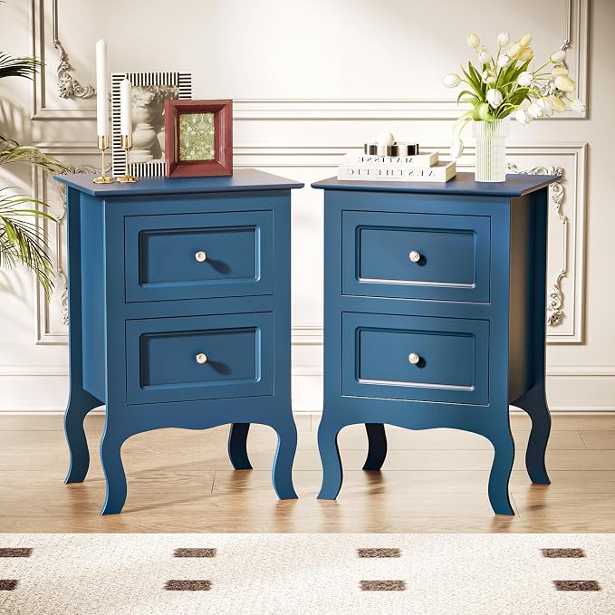 Bonnlo Blue Nightstand Set of 2, Blue Night Stands with Drawers for Bedroom, Kids Room, Living Room, Wood, 15.75" W x 11.8" D x 23.6" H