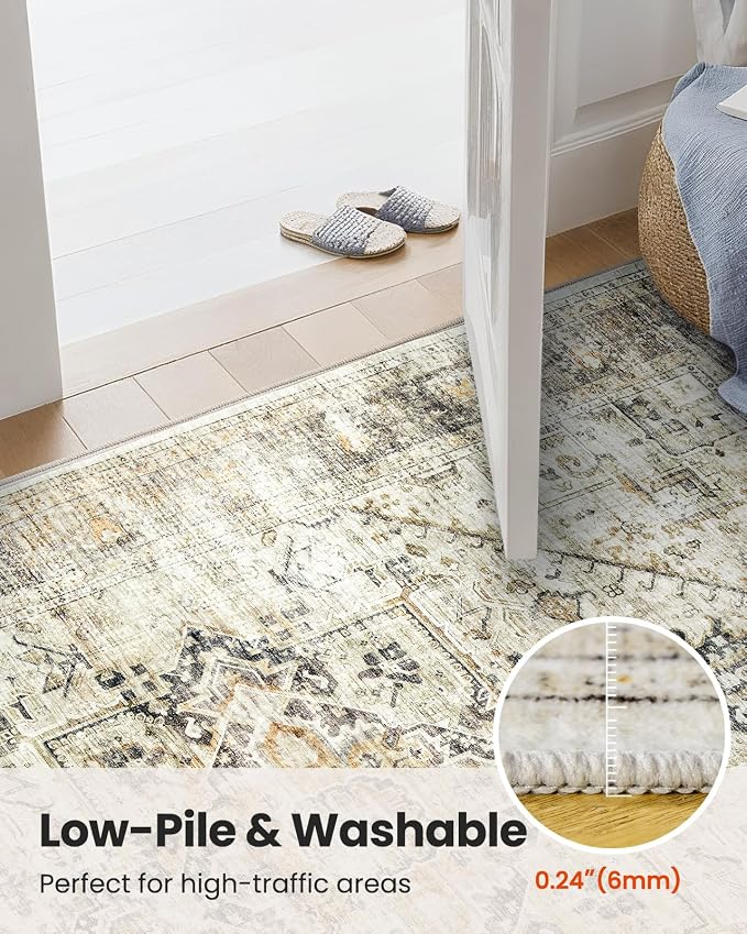 AMADA HOMEFURNISHING Washable Area Rug, Low-Profile Large Area Rug with Non-Slip Backing & Durable Edge Binding, Vintage Large Rugs for Living Room, Bedroom, Dinning Room, 9x12, Grey/Beige