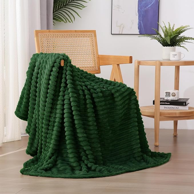 Green Fleece Throw Blanket 50”×60” for Couch Sofa Livingroom | Super Soft Cozy Plush Microfiber Flannel Bed Blanket Striped Design Lightweight Home Decor Gifts for Adults Mom Women