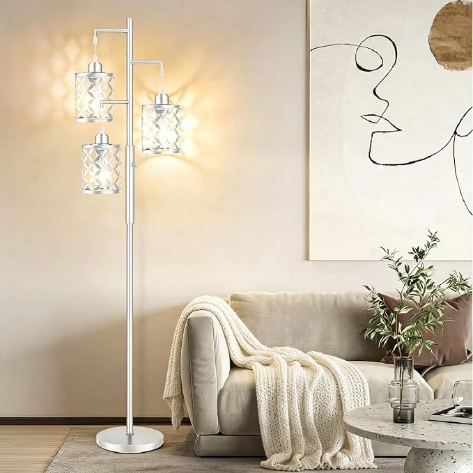 72" Modern Tree Floor Lamp, Dimmable Minimalist Tall Standing Lamp with Metal Cages & Rotary Dimmer Knob, Corner Decor Lighting for Living Room Bedroom Cafe, 3 x 800LM Bulbs Included-Silver