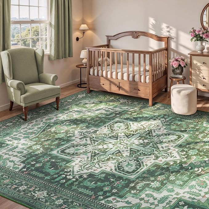 Rugflix 9x12 Area Rugs for Living Room, Machine Washable Rug Non Slip Stain Resistance, Large Rug Vintage Distressed Soft Carpet for Bedroom, Dining Room, Home Office, Green