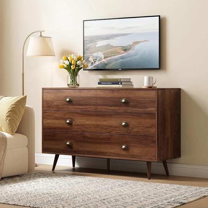 Walnut 6 Drawer Dresser for Bedroom, 47" Wood Dresser with Gold Handles. | Modern Dressers & Chests of Drawers for Living Room, Hallway, Entryway.
