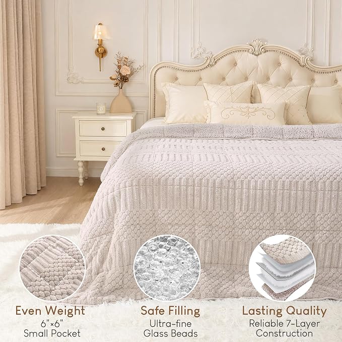 Cottonblue Weighted Blanket 15 lbs for Adults Queen Size Soft Sherpa Fleece | Fuzzy Jacquard Heavy Blankets Throw 60"x80" for Sleep Calm Relax, Cozy Warm Knitted Heavy Blanket for Bed Sofa,Grey & Beige