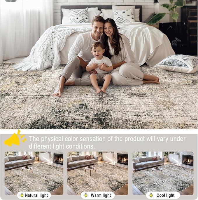 PLHXFR 8x10 Area Rug Living Room: Abstract Washable Carpet Brown Black | For Bedroom Dining Room Farmhouse Nursery Home,Machine washable,Non Slip,Large Soft Neutral,Stain Resistant, Indoor Floor