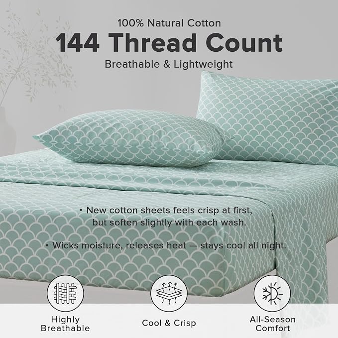 Comfort Spaces 100% Cotton Percale Sheets Queen Sheet Set 4 Pcs, Scales | Crisp, Cool & Breathable Bed Sheets, 14" Deep Pocket Fits Up to 16" Mattress, Lightweight, All Season Cozy, with Pillow Case