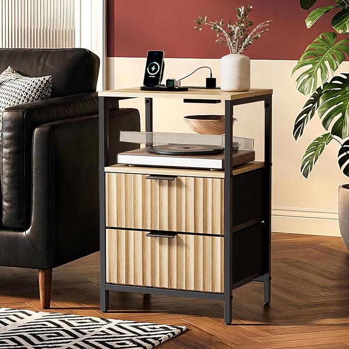 VINGLI Night Stand with Charging Station and Fabric Drawers, Fluted Nightstand Oak with 2 Drawers, Bed Side Table/End Table for Bedroom, 14.96" W*11.81" D*23.78" H