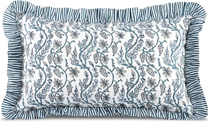 Ridhi Block Print Baby Blue Ruffle Lumbar Pillow Shams, 20" x 12" Set-1 | 100% cotton, Floral Pillowcase, Cushion Cover, Hidden Zipper, Cottagecore Bedding, farmhouse boho style, fits couch, sofa,Bed