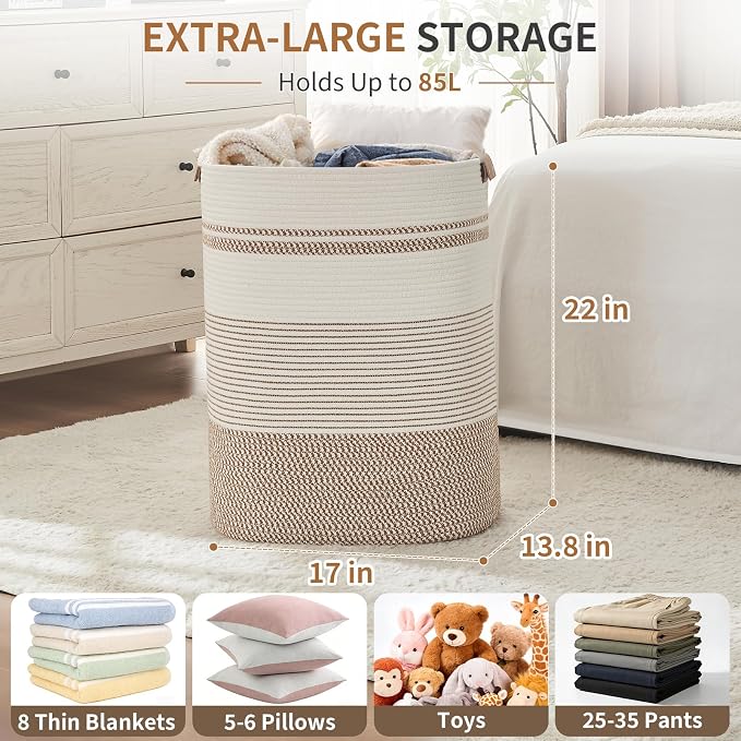 AINUOQI Laundry Basket with Handles - Blanket Basket & Hampers for Bedroom Aesthetic, Laundry Hamper & Blanket Storage for Living Room, Clothes Hamper, Tall, Large 17" x 14" x 22”, Brown & White