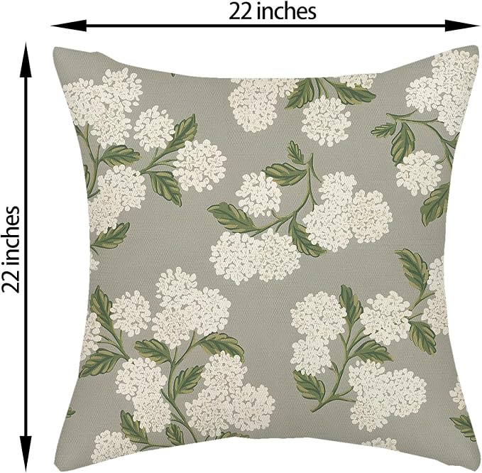 Grey Pillow Covers 22x22 Inch 2 Pcs Gray Green Hydrangea Flower Decor Throw Pillows Vintage Floral Seasonal Spring Summer Outdoor Decoration Pillowcase Linen Cushion Cover for Couch Sofa