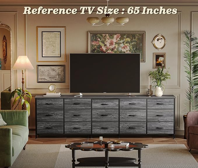 Huuger 78.7 inch Long Dresser for Bedroom, 15 Drawer Fabric Dresser for Closet, Large TV Stand for 65, 75, 85 inch TV, Wide Chest of Drawer with Storage, 78.7" W x 12.9" D x 26.7" H, Grey