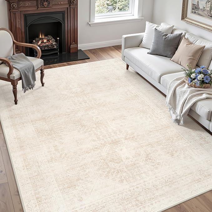 6x9 Area Rugs Living Room: Bedroom Neutral Washable Carpet Beige | Large Vintage Boho Indoor Decor Carpets Soft Nursery Farmhouse Dining Room Office Floor Non-Slip Low Pile Under Table Rug