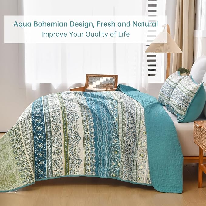 WONGS BEDDING Boho Quilt Queen Size,3 Pcs Aqua Bedspread Bedding Set | Colorful Bohemian Striped Printed Bedding for All Season, Lightweight Microfiber Coverlet Set with 2 Pillowcases(96"x90")