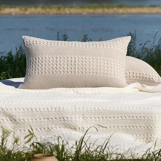 PHF 100% Cotton Waffle Pillow Shams Queen Size, 2 Pack 20" x 30" Soft Skin-Friendly Pillowcases, No Filling, Aesthetic Woven and Breathable Waffle Weave Pillow Case Covers for Bed, Oatmeal
