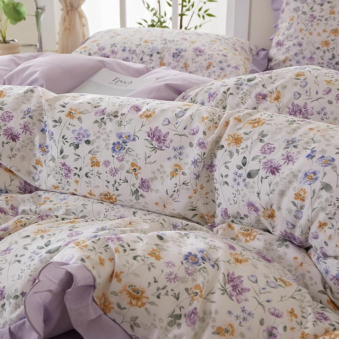 mixinni Floral Duvet Cover Set Twin XL Size, 100% Cotton 3-Piece Bedding Set with Ruffled Lace, Reversible Lavender Wildflower Ruffle Design, Soft Aesthetic Cottagecore Duvet Cover with Zipper Closure
