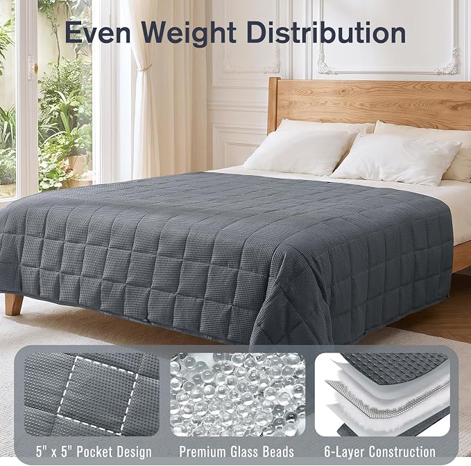 Cooling Weighted Blanket for Adults, 20lbs 60 x 80 for Summer | Cozy and Breathable Waffle; Soft; Machine Washable; Filled with Glass Beads; Heavy Throw for Hot Sleepers in Bed; Dark Grey