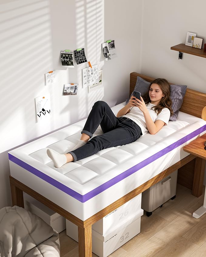 Dorm Room Essentials Dual Layer 4 Inch Memory Foam Mattress Topper Full XL | 2 Inch Gel Memory Foam and 2 Inch Pillow Top Mattress Pad for Back to School , 7-Zone Egg Crate & 2-in-1 Design (White)