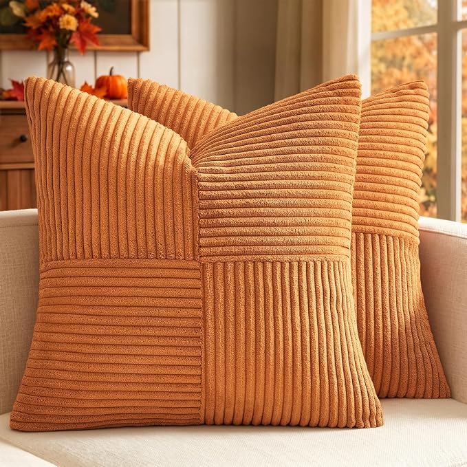 MIULEE Fall Burnt Decorative Throw Pillow Covers for Couch 18x18 Inch | 2 Pack, Boho Farmhouse Pillow Covers, Soft Cross Corduroy Patchwork Textured Cushion Cases For Bed Sofa