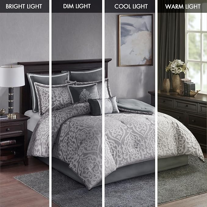 Madison Park Odette Cozy Comforter Set Jacquard Damask Medallion Design - Modern All Season, Down Alternative Bedding, Shams, Decorative Pillows, King(104 in x 92 in), Silver 8 Piece | All Season Down Alternative Bedding with Comforter, Shams, Bed Skir...