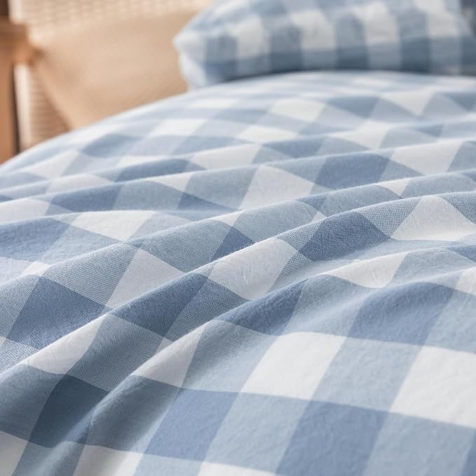 BESTOUCH Gingham Cotton Duvet Cover Set Cornflower Blue Queen | Washed Cotton, Linen Feel, Soft Wrinkle Texture, Hidden Zipper, 8 Ties, Breathable Lightweight Durable Comfy, 3 Pcs No Insert