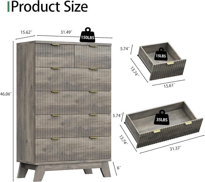 Xixini Fluted Dresser for Bedroom with 6 Drawers, 46" Tall Modern Chest of Drawers with Metal Handle, Wooden Dresser TV Stand, Wood Closet Clothes Storage Organizer for Living Room, Hallway, Grey