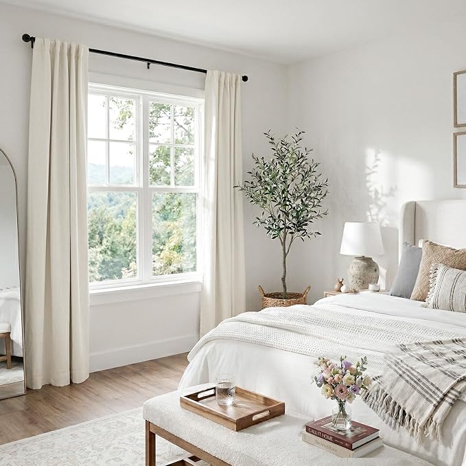Faux Linen Total Blackout Curtains for Bedroom 84 Inches Long, Beige White | 100% Blackout Shield, Back Tab/Rod Pocket Living Room Drapes, Thermal Insulated Blackout Curtains 2 Panels Set, 50"W x 84"L