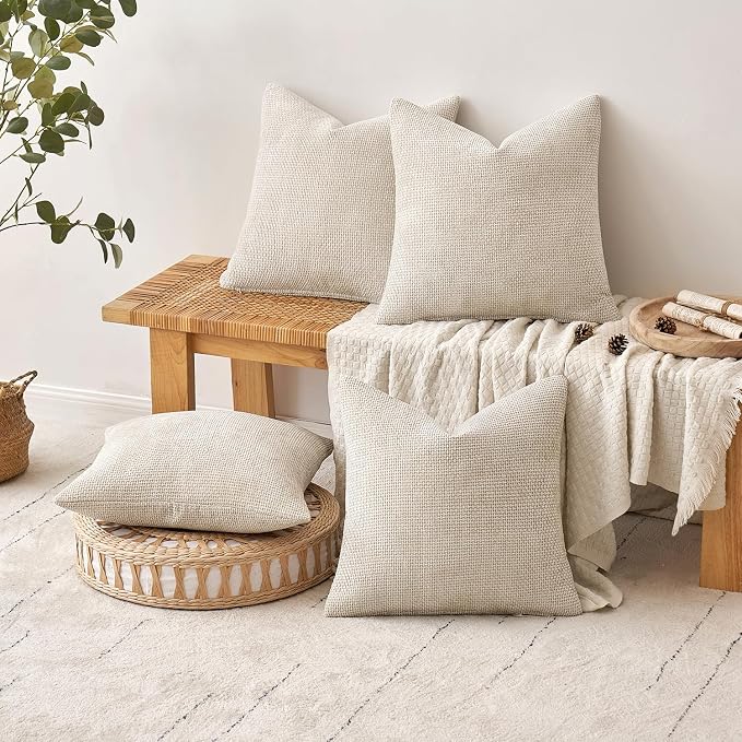 MIULEE Soft Decorative Chenille Pillow Covers Cream 20x20 Pack of 4 | Modern Home Decor, All Same Cream Color Set, Couch Throw Pillows, Farmhouse Boho Cushion Covers for Sofa Bed Living Room
